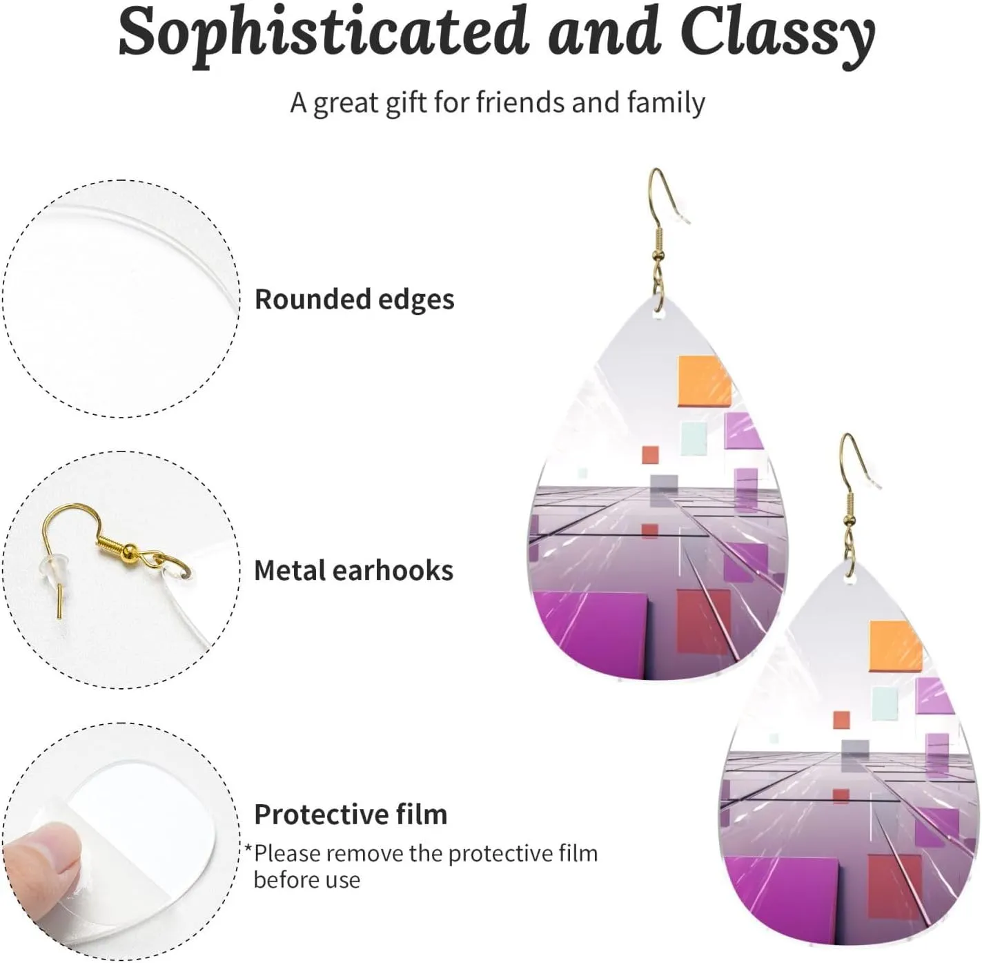 Stylish Drop-Shaped Acrylic Earrings Lightweight Printed Teardrop Dangle Earrings for Women (Different Colored Squares)