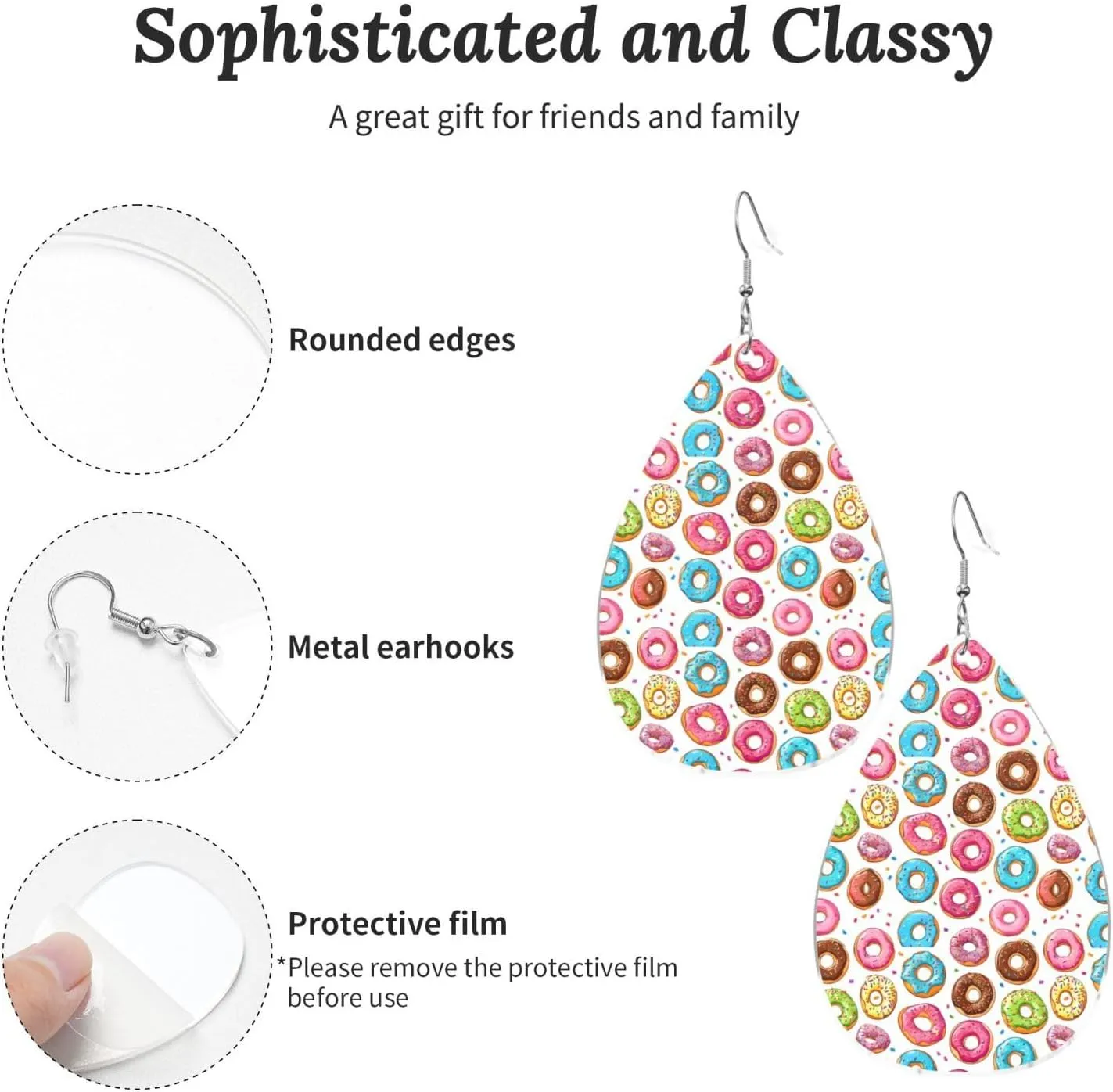 Stylish Drop-Shaped Acrylic Earrings Lightweight Printed Teardrop Dangle Earrings for Women (Donut Print)