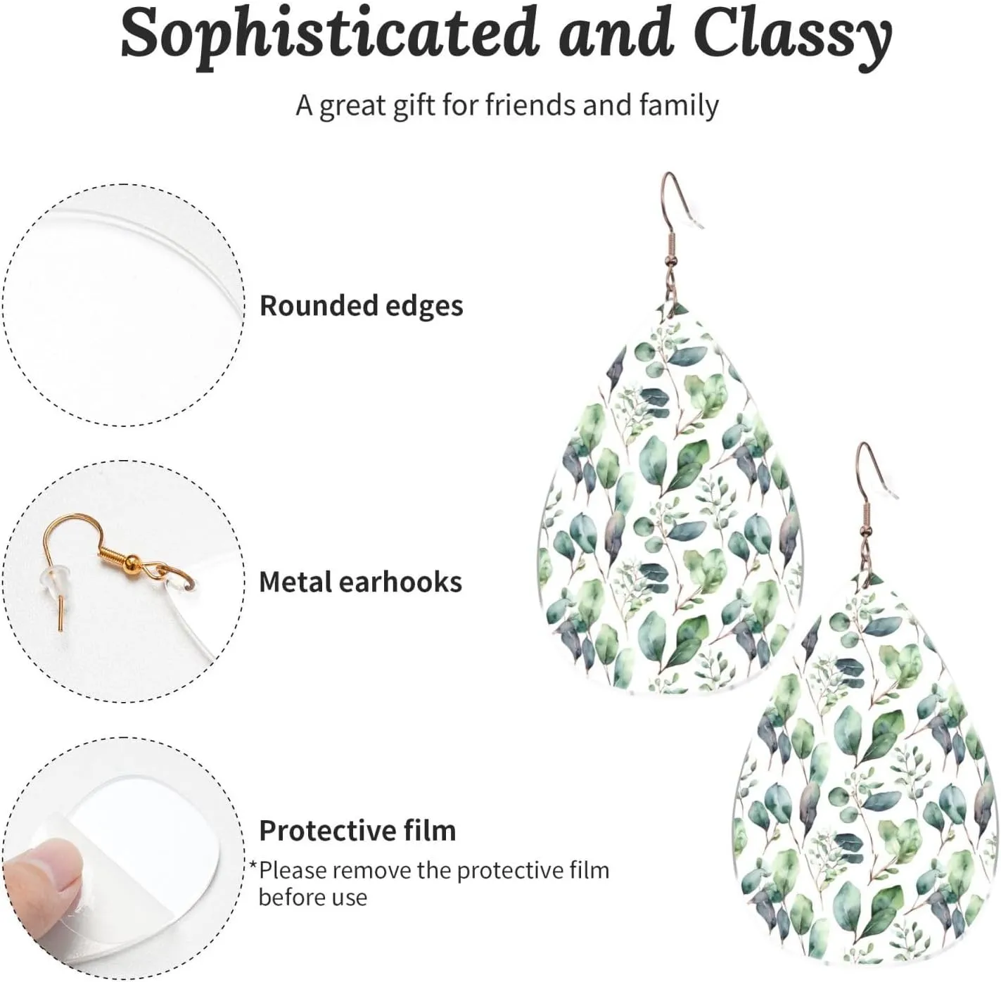 Stylish Drop-Shaped Acrylic Earrings Lightweight Printed Teardrop Dangle Earrings for Women (Green Eucalyptus Leaves)