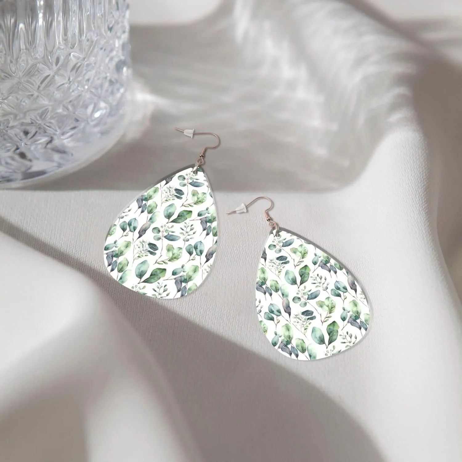 Stylish Drop-Shaped Acrylic Earrings Lightweight Printed Teardrop Dangle Earrings for Women (Green Eucalyptus Leaves)