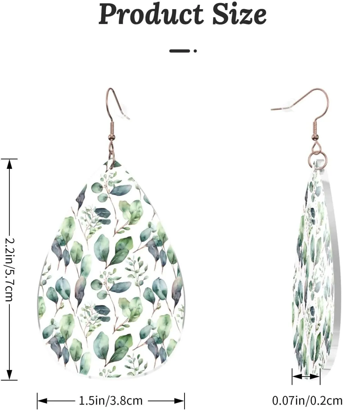 Stylish Drop-Shaped Acrylic Earrings Lightweight Printed Teardrop Dangle Earrings for Women (Green Eucalyptus Leaves)