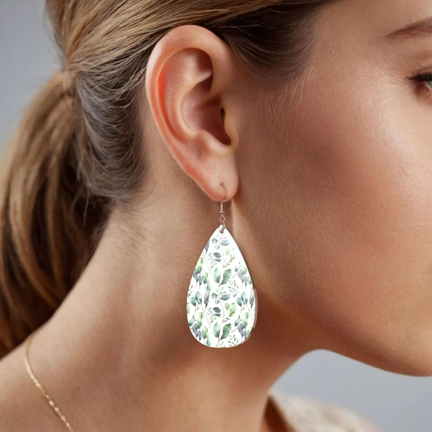 Stylish Drop-Shaped Acrylic Earrings Lightweight Printed Teardrop Dangle Earrings for Women (Green Eucalyptus Leaves)