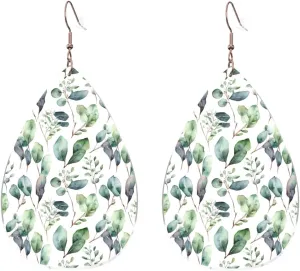Stylish Drop-Shaped Acrylic Earrings Lightweight Printed Teardrop Dangle Earrings for Women (Green Eucalyptus Leaves)