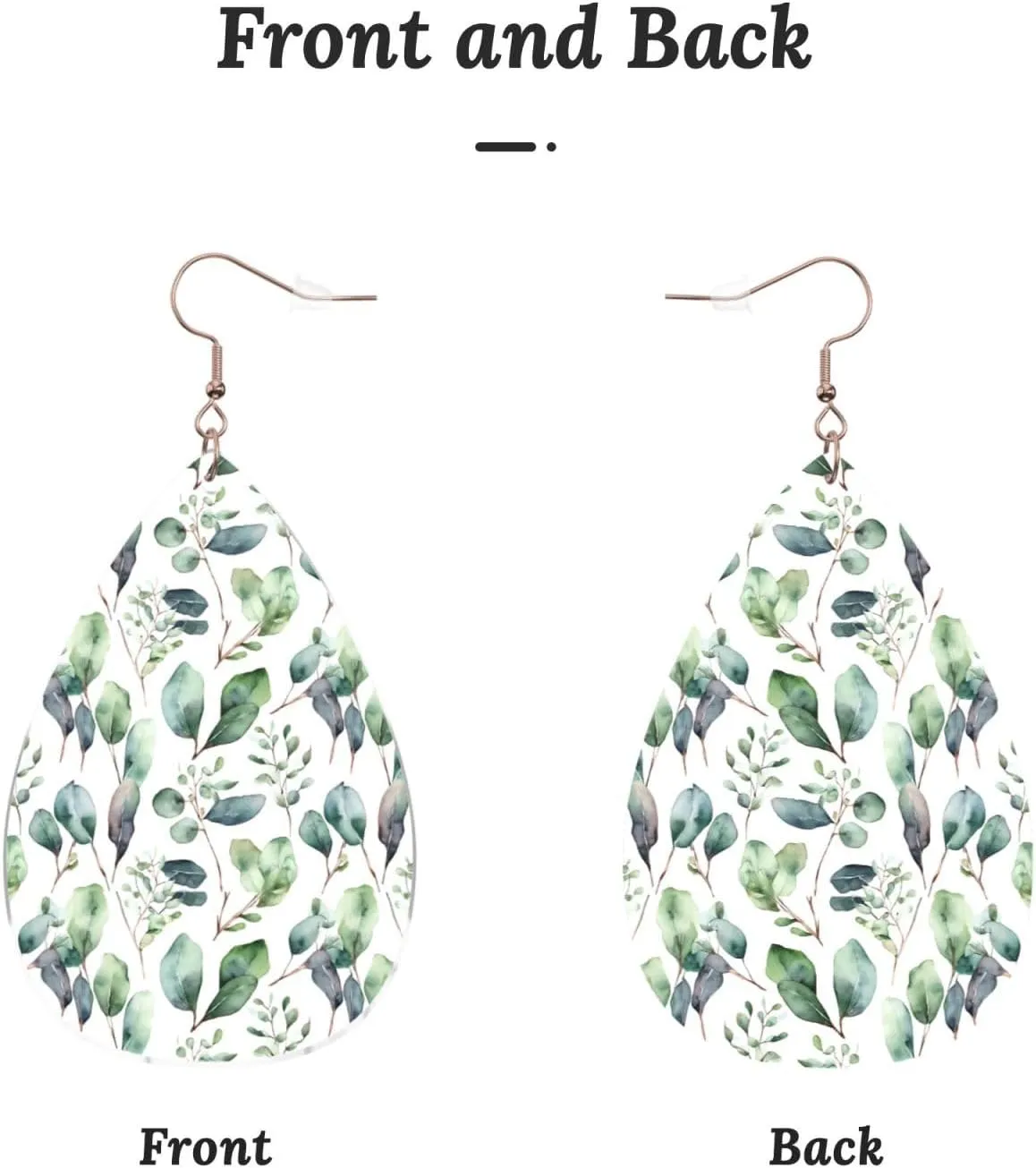 Stylish Drop-Shaped Acrylic Earrings Lightweight Printed Teardrop Dangle Earrings for Women (Green Eucalyptus Leaves)