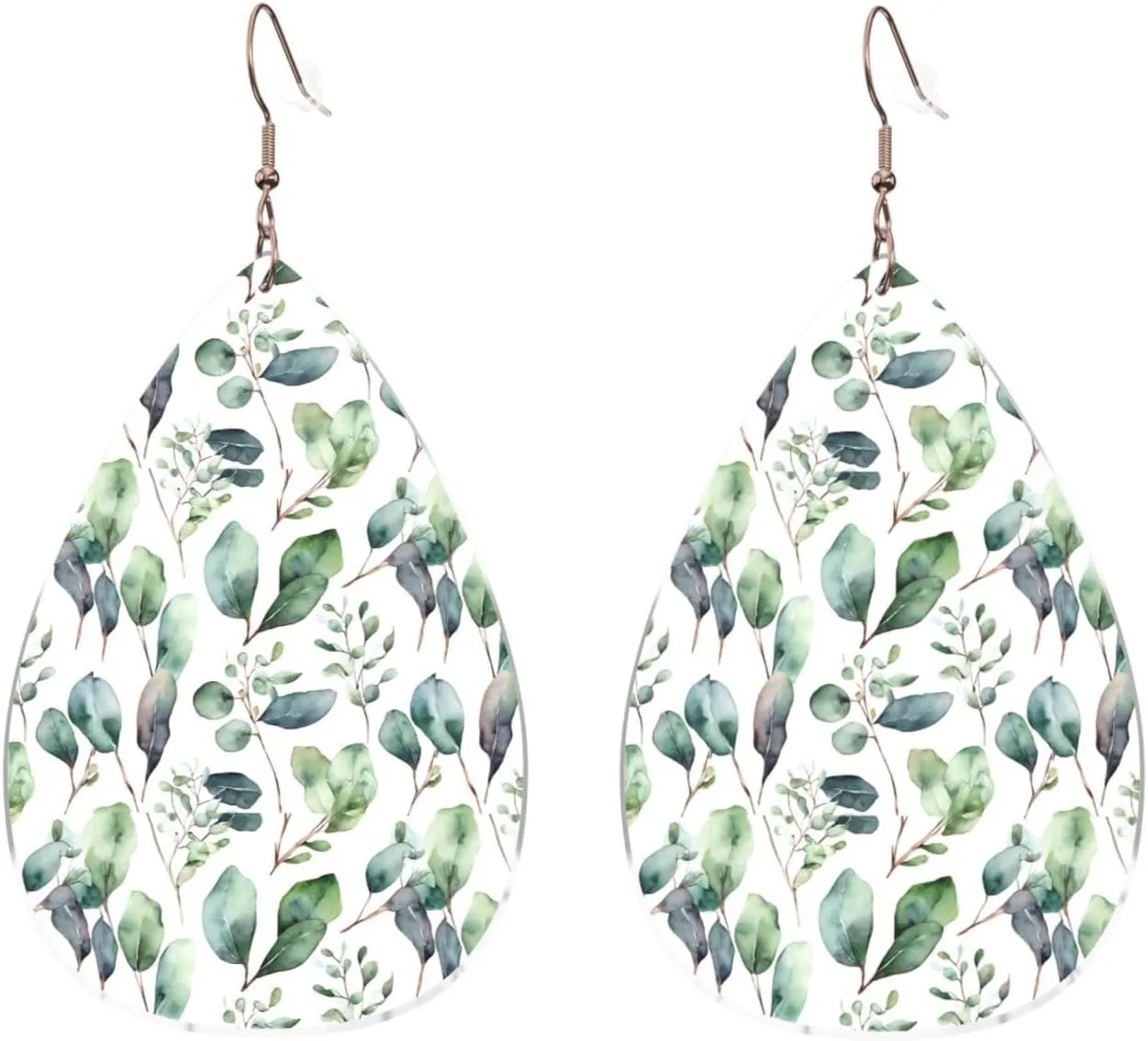 Stylish Drop-Shaped Acrylic Earrings Lightweight Printed Teardrop Dangle Earrings for Women (Green Eucalyptus Leaves)