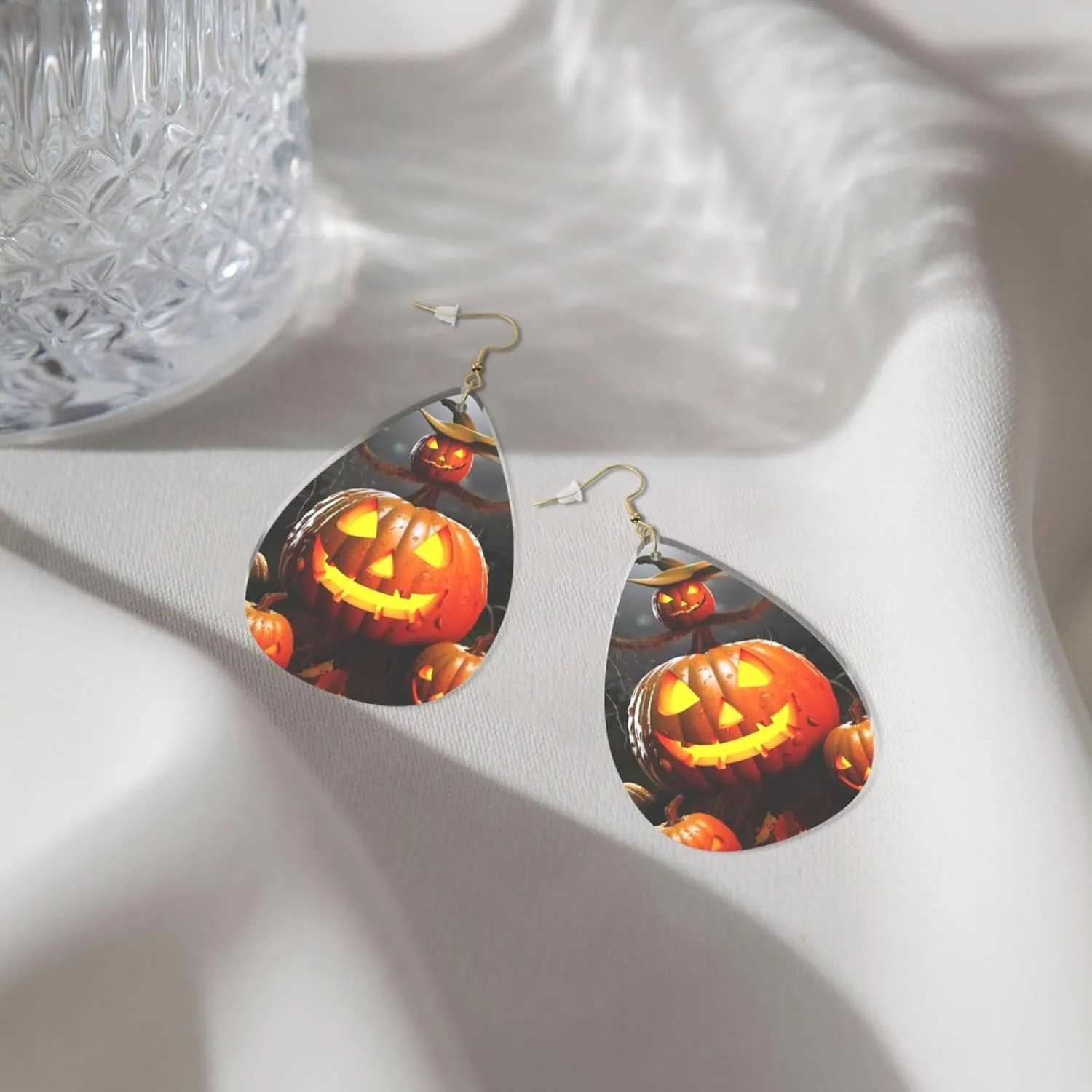 Stylish Drop-Shaped Acrylic Earrings Lightweight Printed Teardrop Dangle Earrings for Women (Halloween Pumpkin)