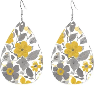 Stylish Drop-Shaped Acrylic Earrings Lightweight Printed Teardrop Dangle Earrings for Women (Yellow Gray Flower)