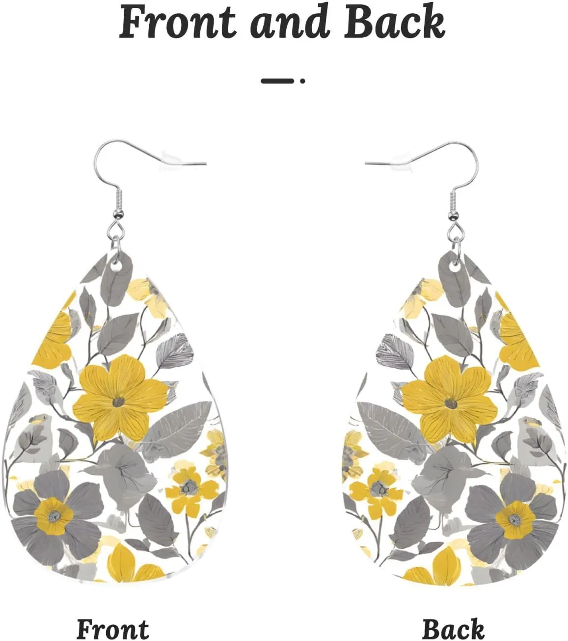 Stylish Drop-Shaped Acrylic Earrings Lightweight Printed Teardrop Dangle Earrings for Women (Yellow Gray Flower)