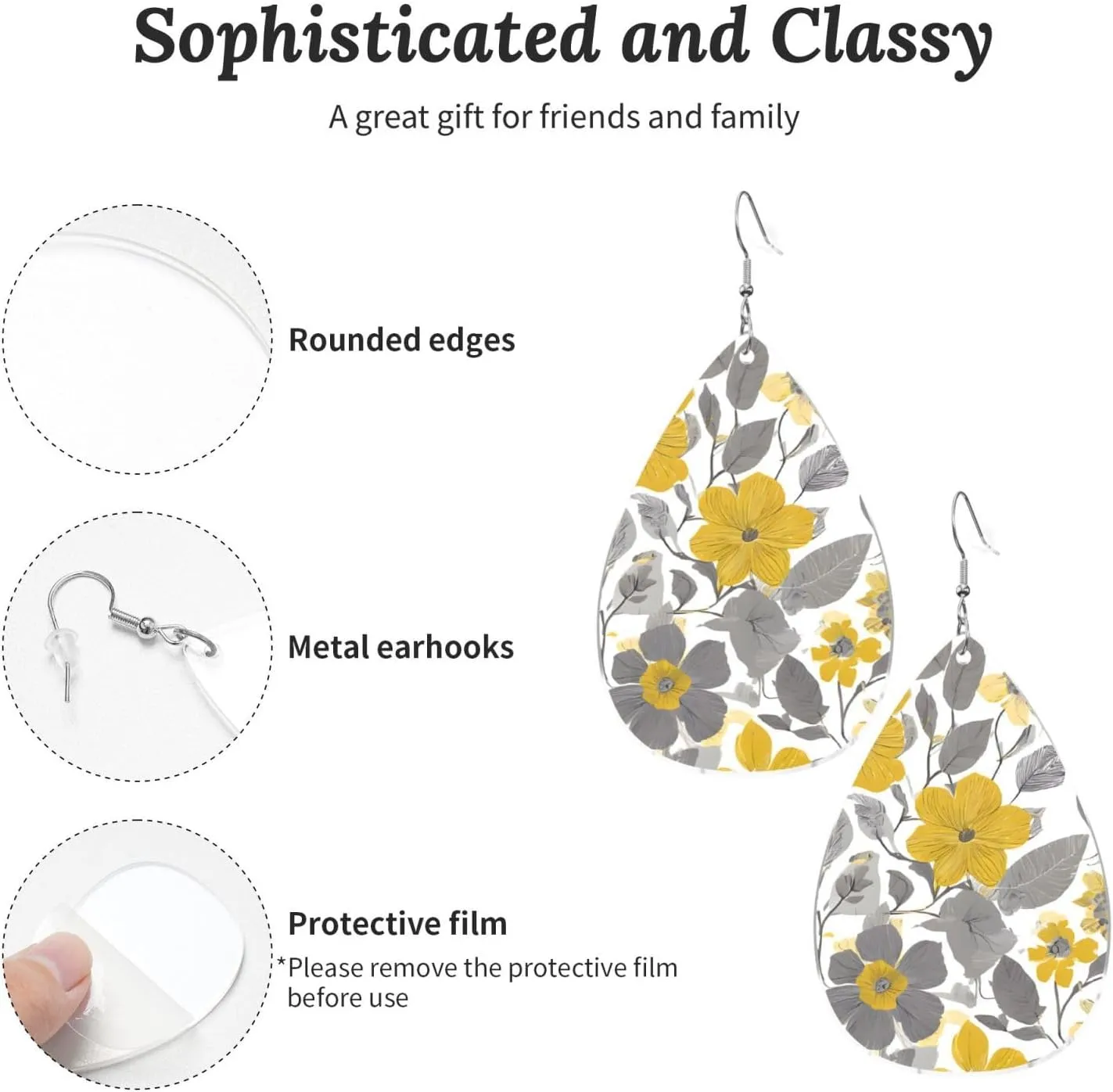 Stylish Drop-Shaped Acrylic Earrings Lightweight Printed Teardrop Dangle Earrings for Women (Yellow Gray Flower)