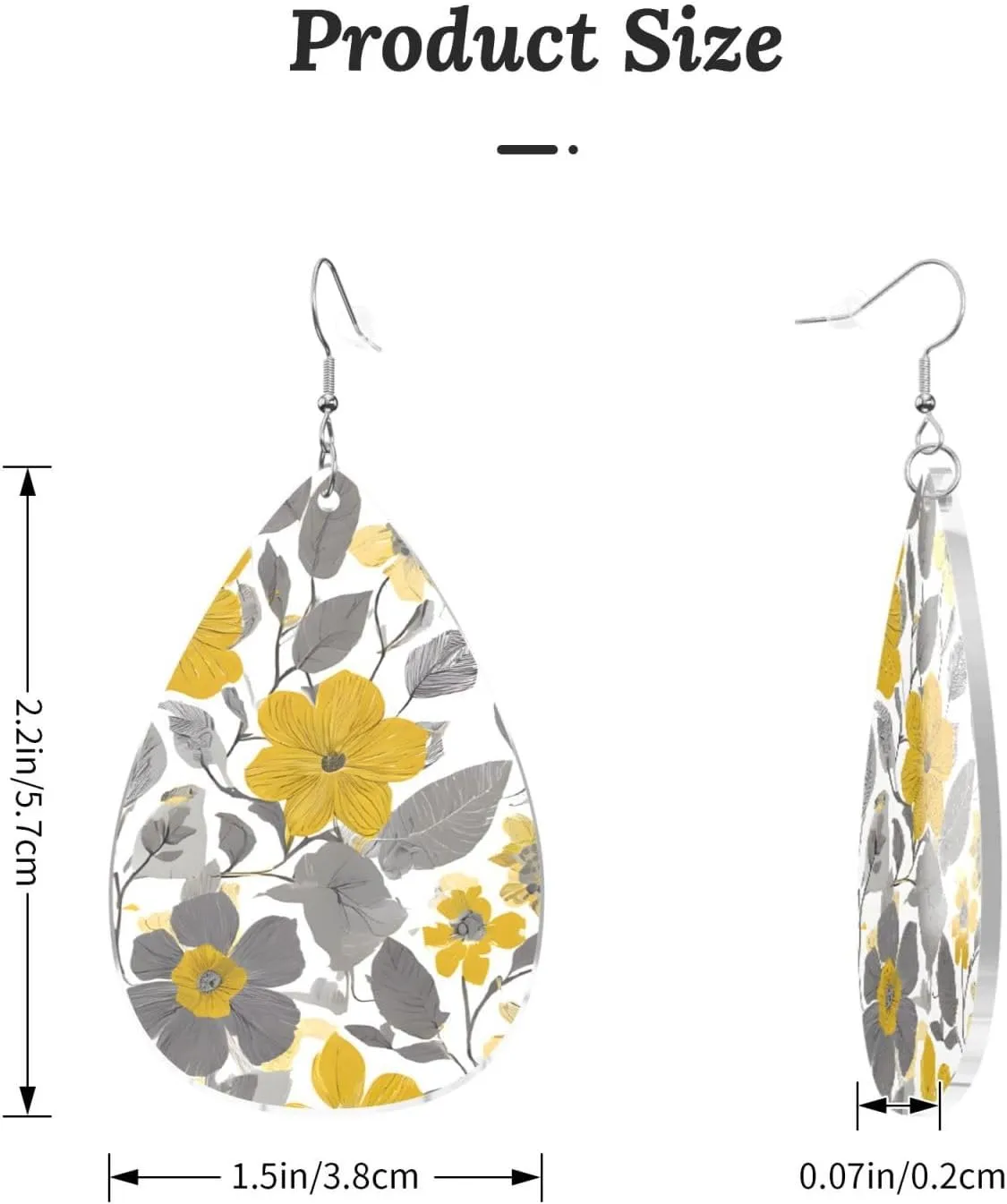 Stylish Drop-Shaped Acrylic Earrings Lightweight Printed Teardrop Dangle Earrings for Women (Yellow Gray Flower)