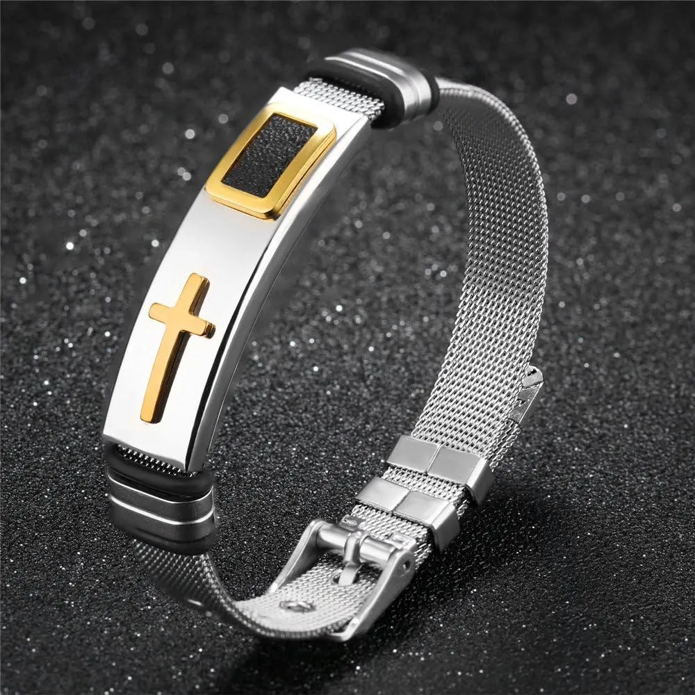 Stylish Men's Adjustable Bracelet Cross Stainless Steel Mesh Chain Wrist Band Bracelet (Gold)