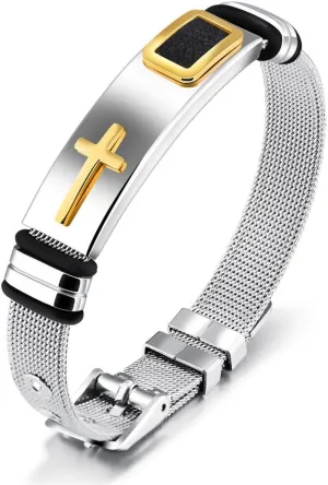Stylish Men's Adjustable Bracelet Cross Stainless Steel Mesh Chain Wrist Band Bracelet (Gold)