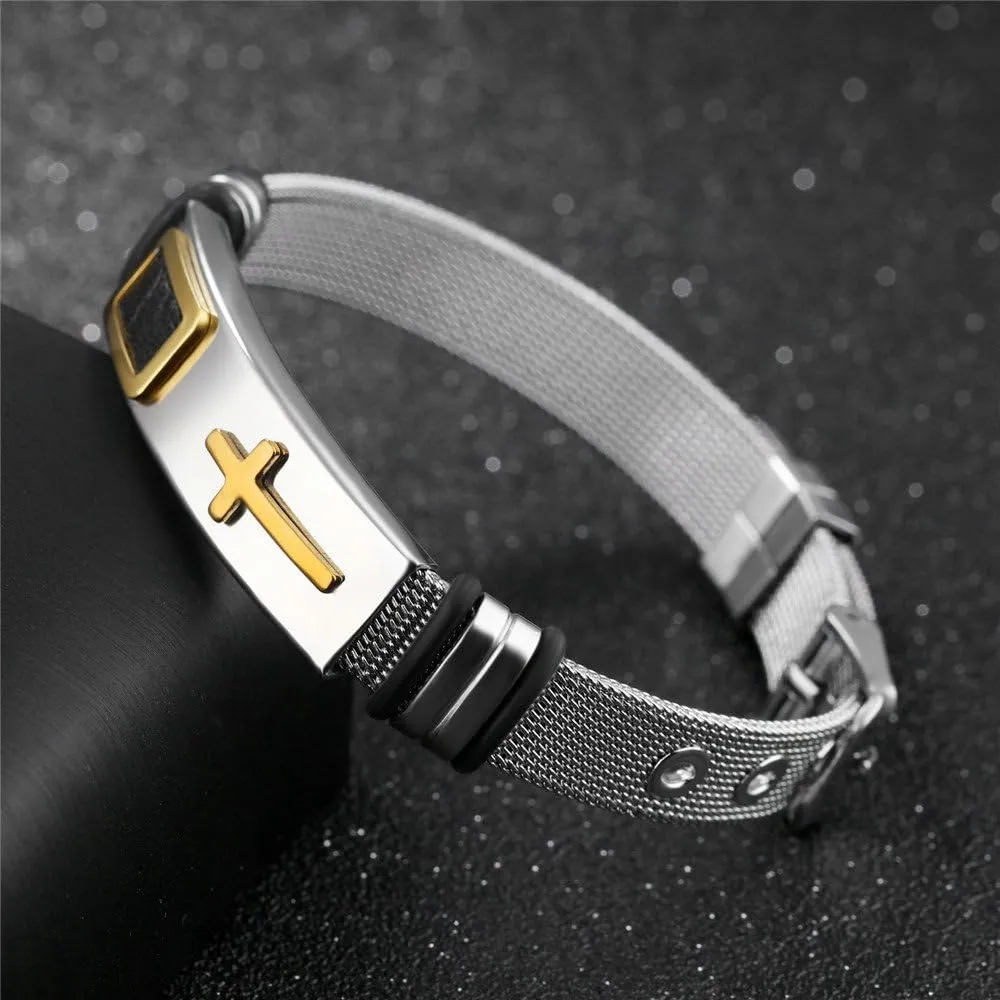 Stylish Men's Adjustable Bracelet Cross Stainless Steel Mesh Chain Wrist Band Bracelet (Gold)