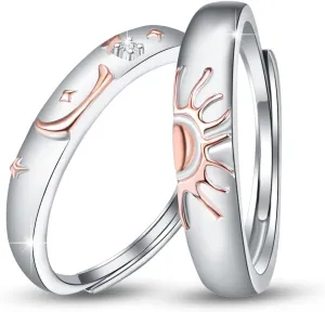 Sun and Moon Couple Rings 2pc 925 Sterling Sliver Promise Couple Matching Rings Engagement Wedding Band Adjustable Ring for Couples Him and Her