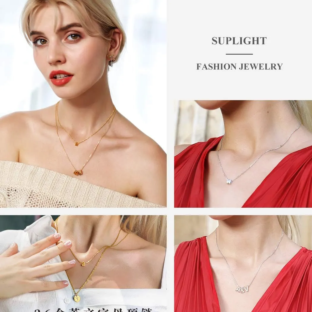 Suplight 925 Sterling Silver Cubic Zirconia Initial Necklaces, Dainty A-Z Alphabet Letter Pendant Necklace for Women (with Gift Box)