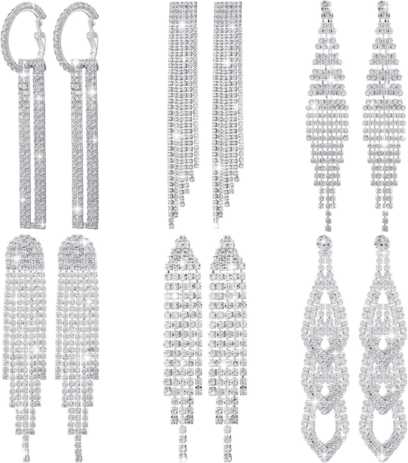 Sureio 6 Pairs Silver Chandelier Earrings for Women Long Rhinestone Dangle Earrings Boho Tassel Drop Dangle Crystal Prom Party Jewelry Sparkling Rhinestone Ladies Gifts