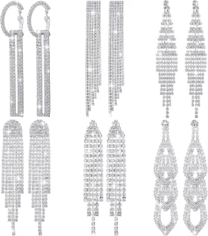 Sureio 6 Pairs Silver Chandelier Earrings for Women Long Rhinestone Dangle Earrings Boho Tassel Drop Dangle Crystal Prom Party Jewelry Sparkling Rhinestone Ladies Gifts
