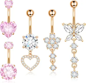 Surgical Stainless Steel Dangle Belly Button Rings Piercing for Women Belly Ring Dangling Jewelry with Heart Flower Butterfly Rose Gold 14G