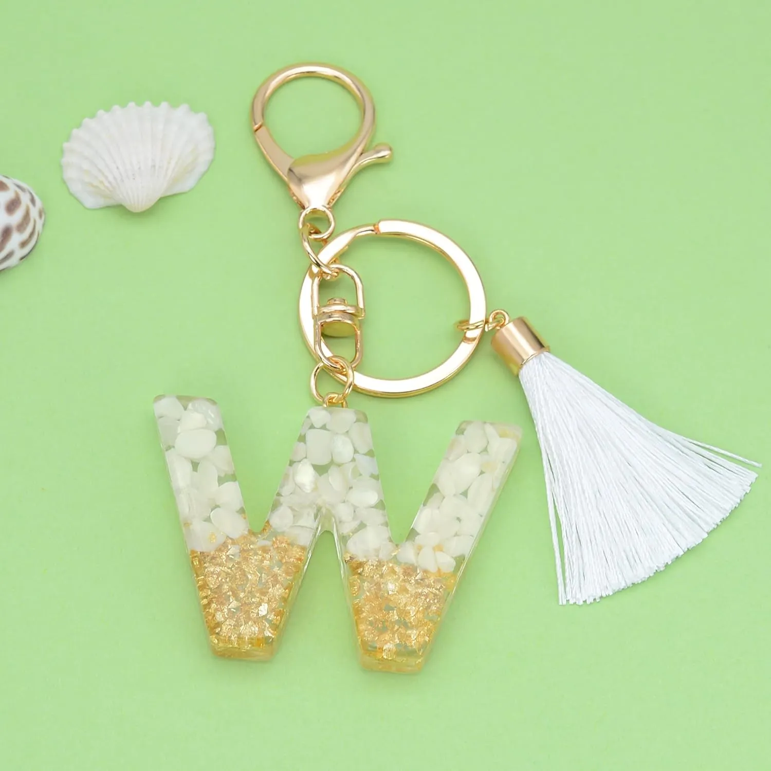 Suweibuke Cute Beige Key Chains for Women Girls, Initial Letter Keychains with White Tassel, Charms for Key Handbag Backpack