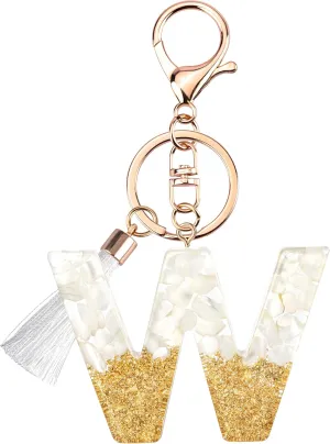 Suweibuke Cute Beige Key Chains for Women Girls, Initial Letter Keychains with White Tassel, Charms for Key Handbag Backpack