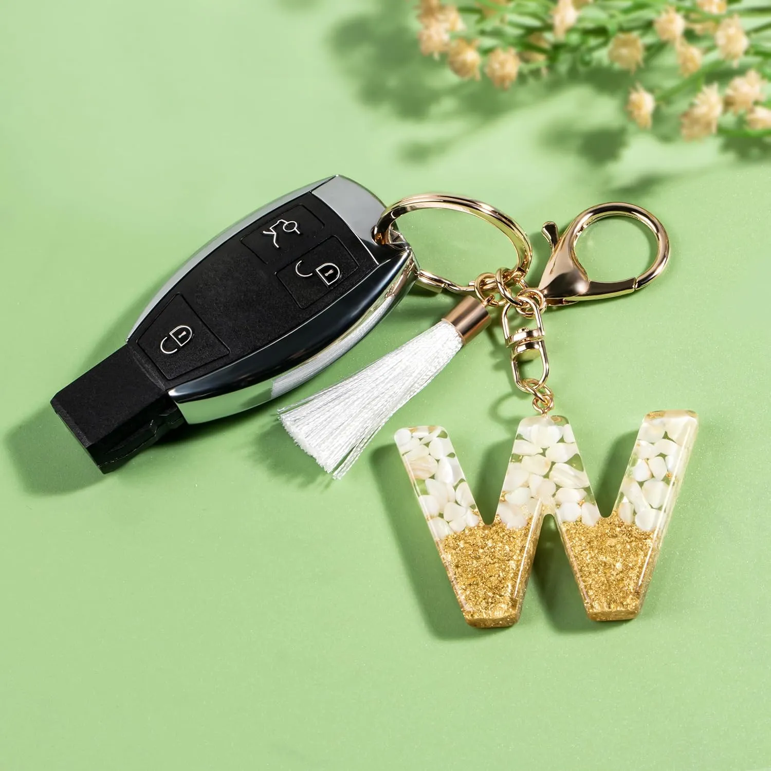 Suweibuke Cute Beige Key Chains for Women Girls, Initial Letter Keychains with White Tassel, Charms for Key Handbag Backpack
