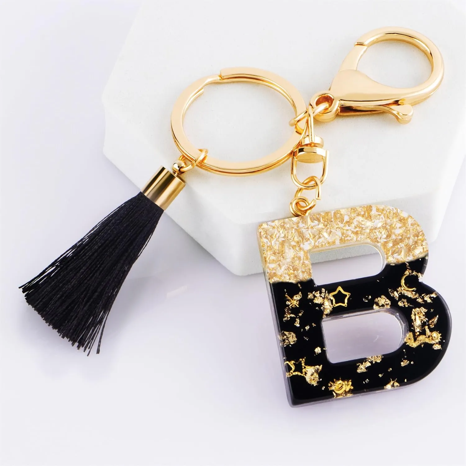 Suweibuke Fashion Black Key Chains for Women Girls, Initial Letter Keychains with Tassel, Charms for Key Handbags Backpacks