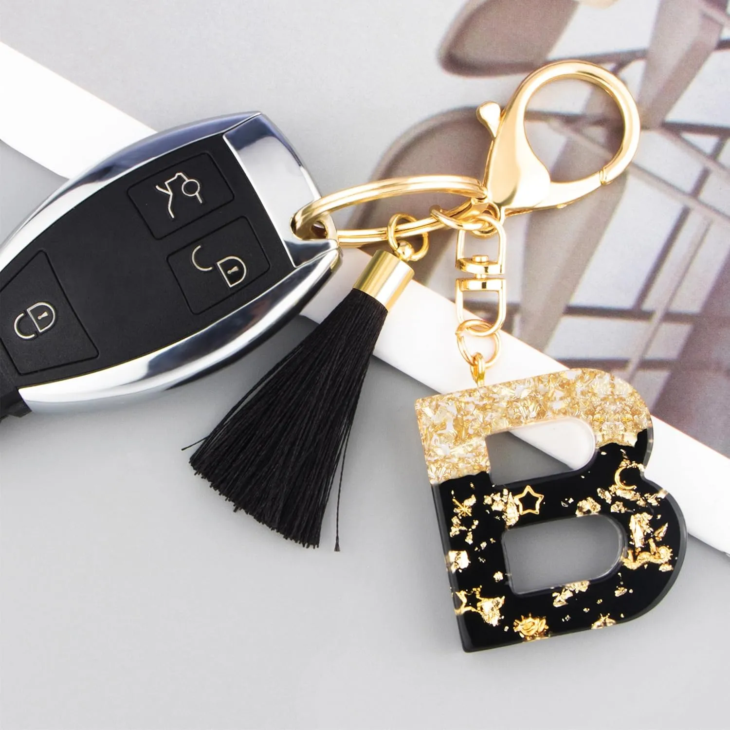 Suweibuke Fashion Black Key Chains for Women Girls, Initial Letter Keychains with Tassel, Charms for Key Handbags Backpacks