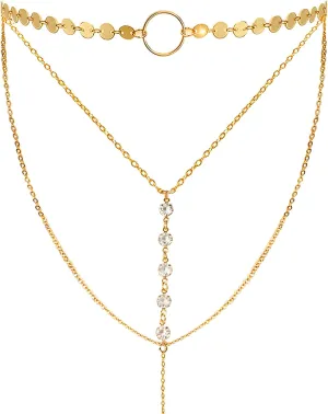 Suyi Stylish Layered Sequins Choker Necklace with Thin Long Chian Pendant for Women Lady