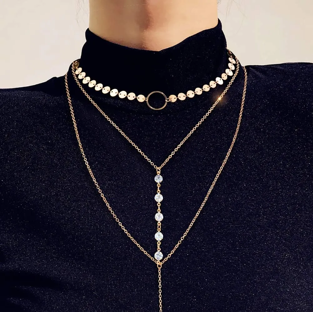 Suyi Stylish Layered Sequins Choker Necklace with Thin Long Chian Pendant for Women Lady