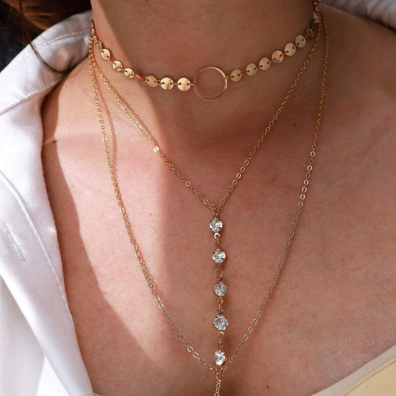 Suyi Stylish Layered Sequins Choker Necklace with Thin Long Chian Pendant for Women Lady