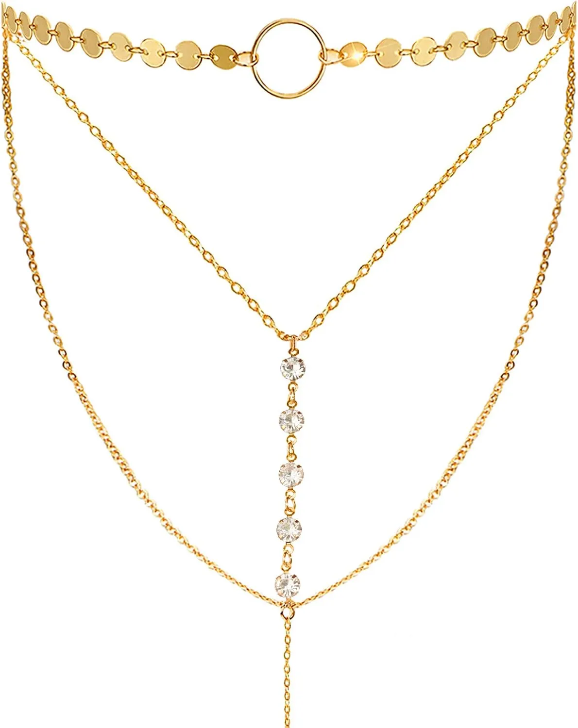 Suyi Stylish Layered Sequins Choker Necklace with Thin Long Chian Pendant for Women Lady