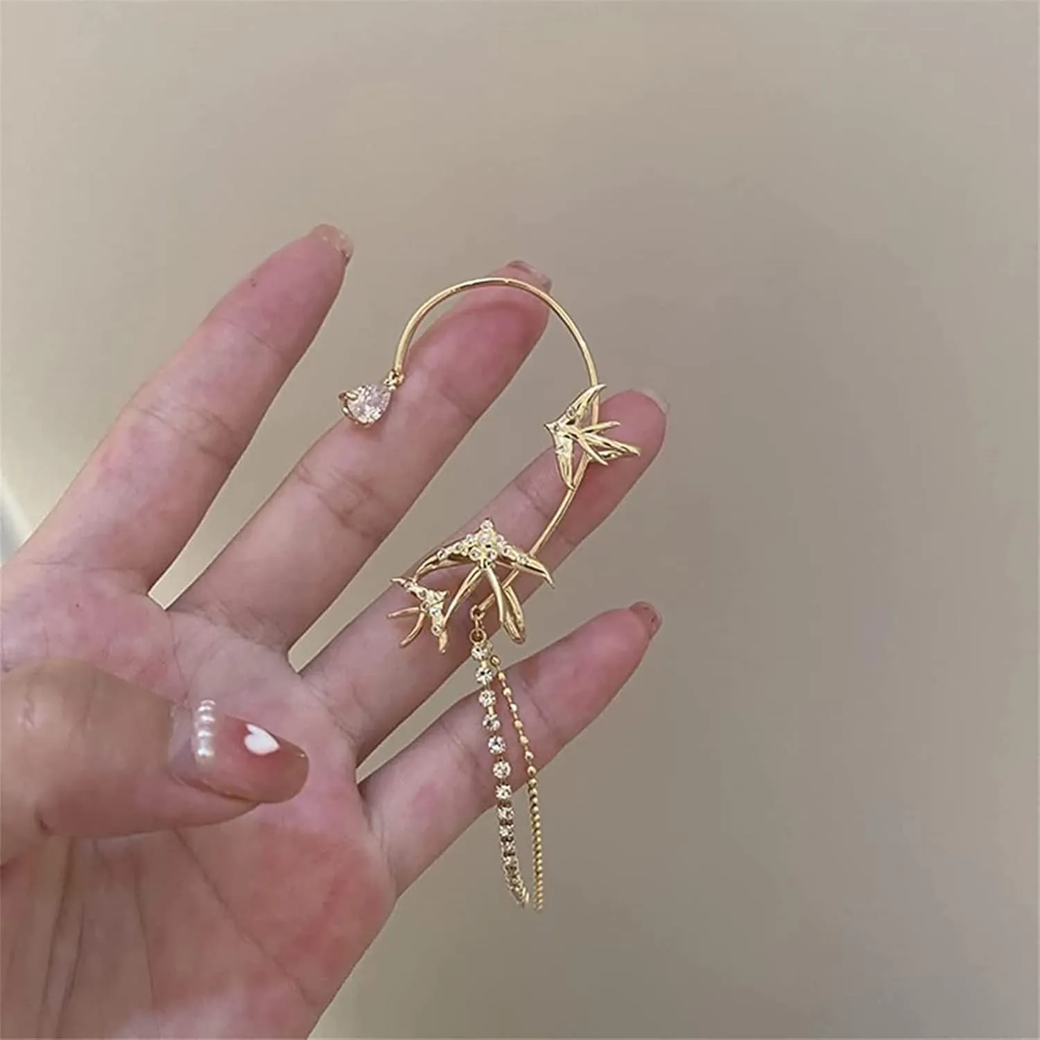 Swallow Zircon Tassel Earrings, Sparkling Swallow Earrings, Swallow Ear Cuff Wrap Crawler Earrings, Non-Piercing Tassel Hanging Chain Ear Clip Earrings for Women
