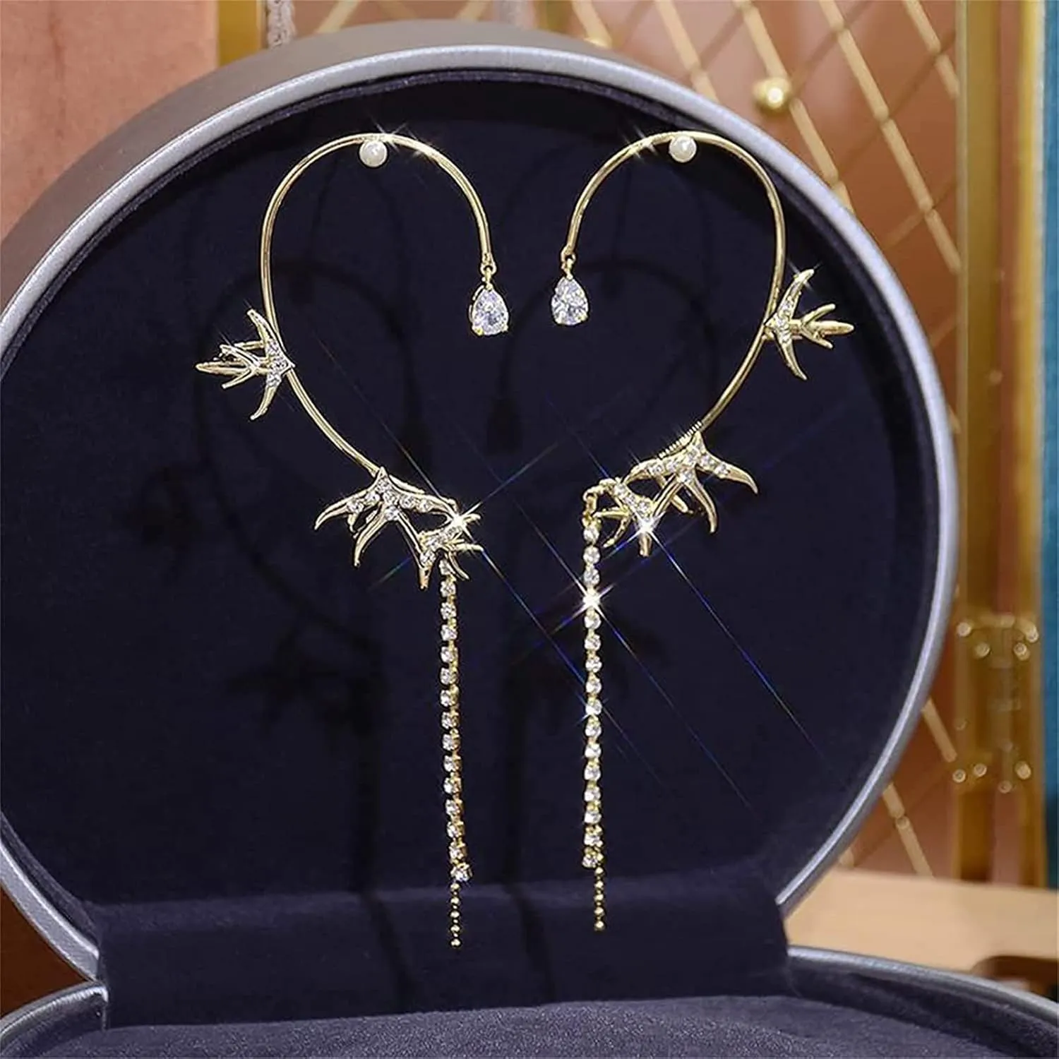 Swallow Zircon Tassel Earrings, Sparkling Swallow Earrings, Swallow Ear Cuff Wrap Crawler Earrings, Non-Piercing Tassel Hanging Chain Ear Clip Earrings for Women