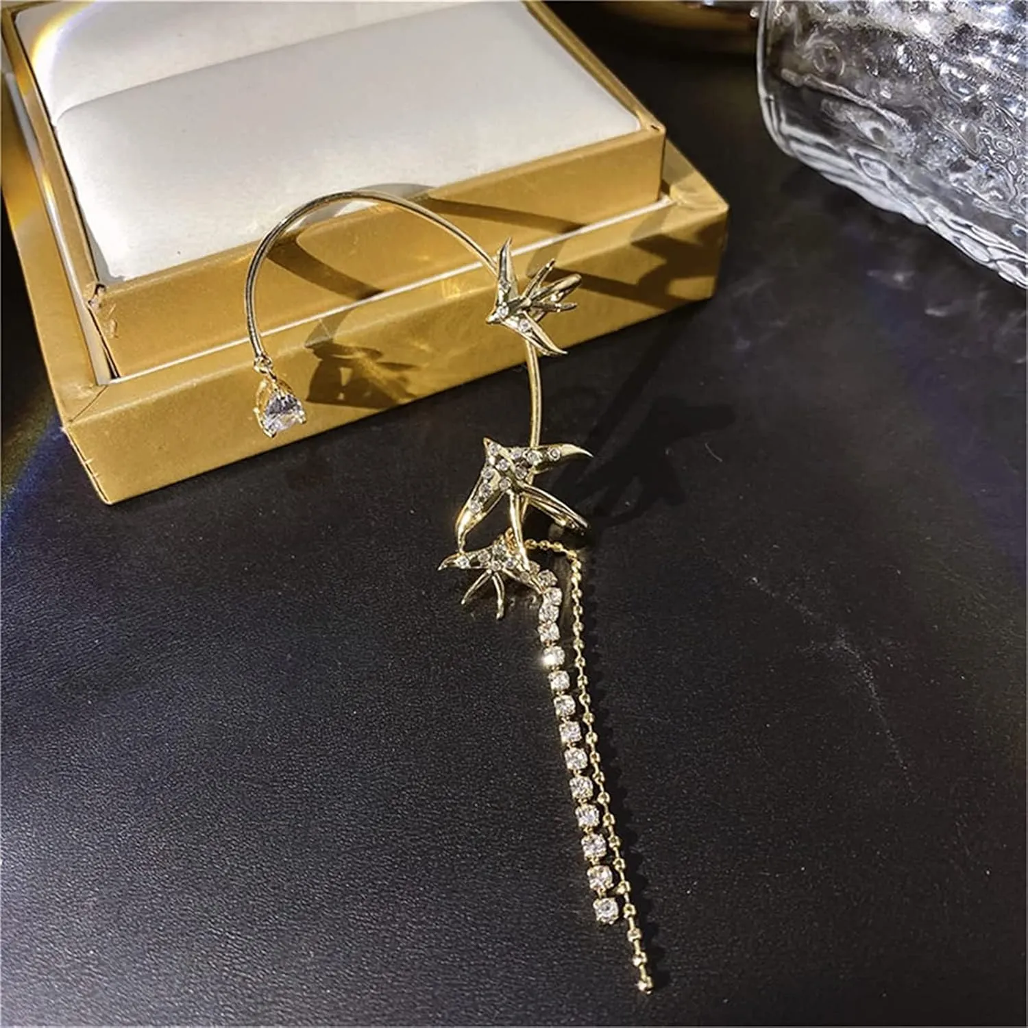 Swallow Zircon Tassel Earrings, Sparkling Swallow Earrings, Swallow Ear Cuff Wrap Crawler Earrings, Non-Piercing Tassel Hanging Chain Ear Clip Earrings for Women