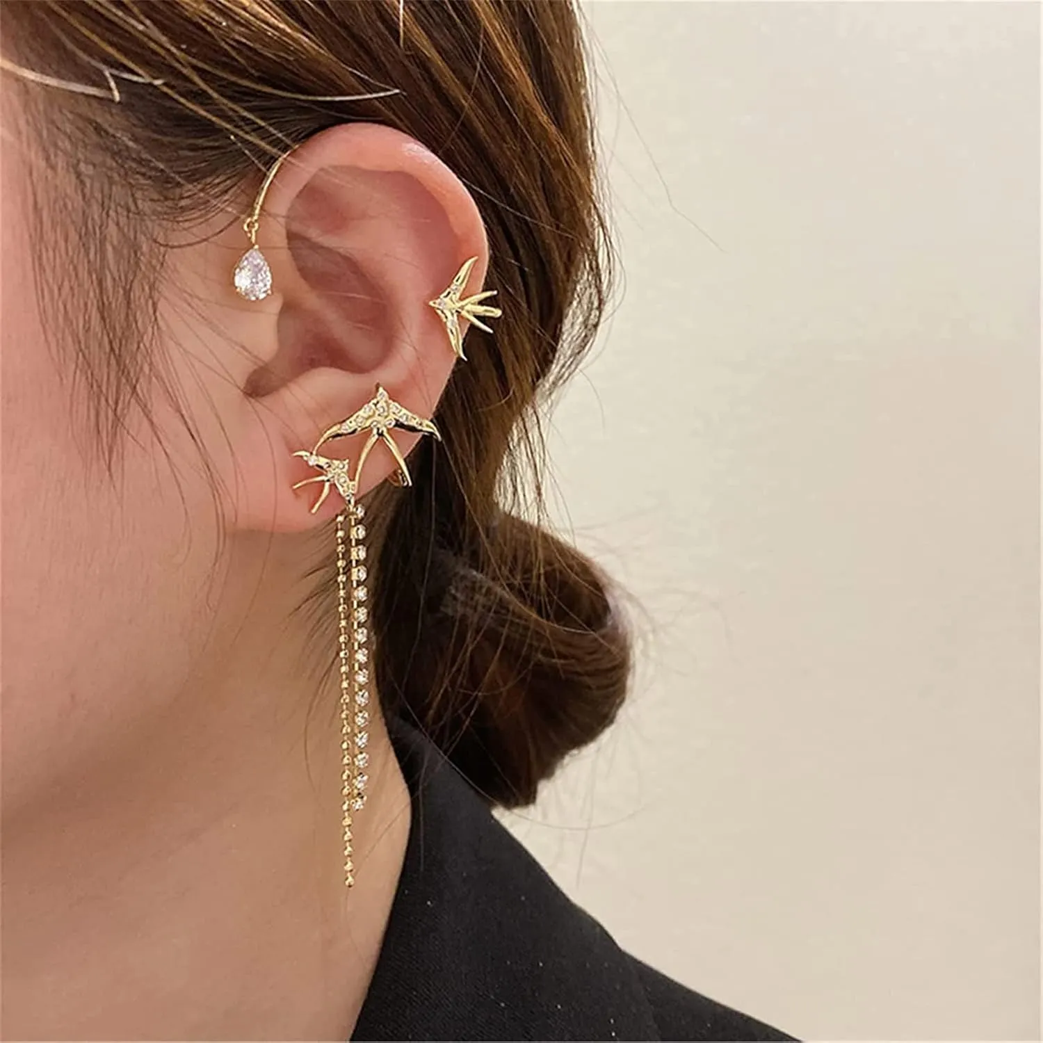 Swallow Zircon Tassel Earrings, Sparkling Swallow Earrings, Swallow Ear Cuff Wrap Crawler Earrings, Non-Piercing Tassel Hanging Chain Ear Clip Earrings for Women