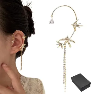 Swallow Zircon Tassel Earrings, Sparkling Swallow Earrings, Swallow Ear Cuff Wrap Crawler Earrings, Non-Piercing Tassel Hanging Chain Ear Clip Earrings for Women