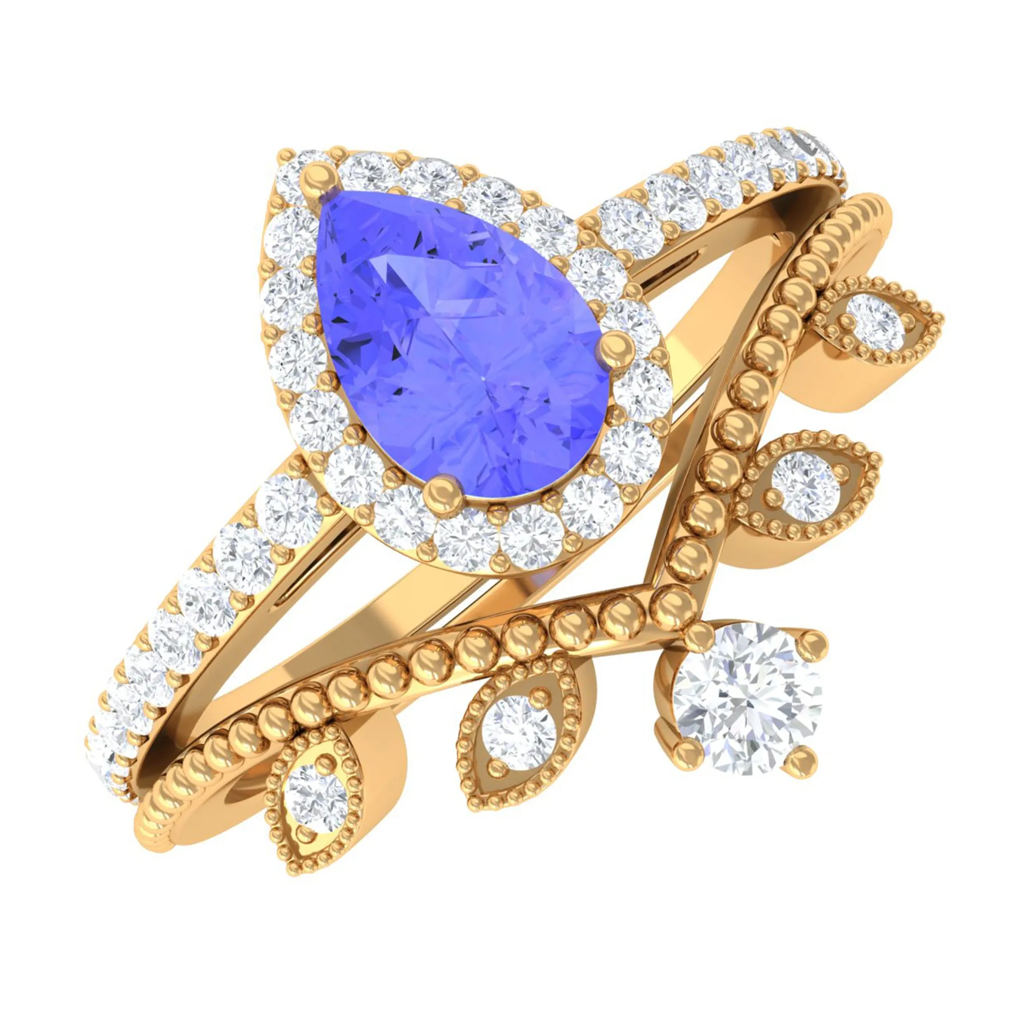 Tanzanite Vintage Teardrop Wedding Ring Set with Diamond
