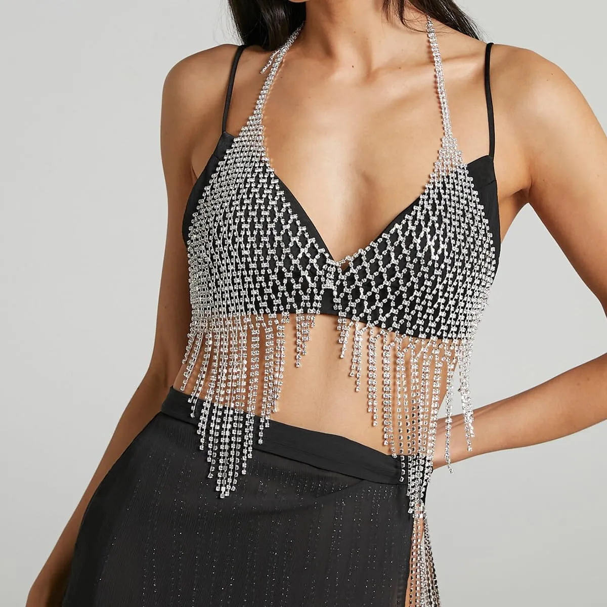 Tassel Rhinestone Bra Body Chain Jewelry for women Sexy Silver Bikini Mesh Crystal Chest Chain Bra Body Accessories