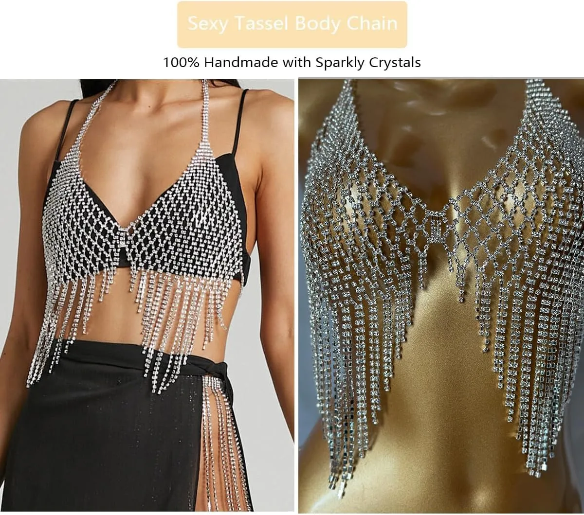 Tassel Rhinestone Bra Body Chain Jewelry for women Sexy Silver Bikini Mesh Crystal Chest Chain Bra Body Accessories