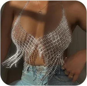Tassel Rhinestone Bra Body Chain Jewelry for women Sexy Silver Bikini Mesh Crystal Chest Chain Bra Body Accessories