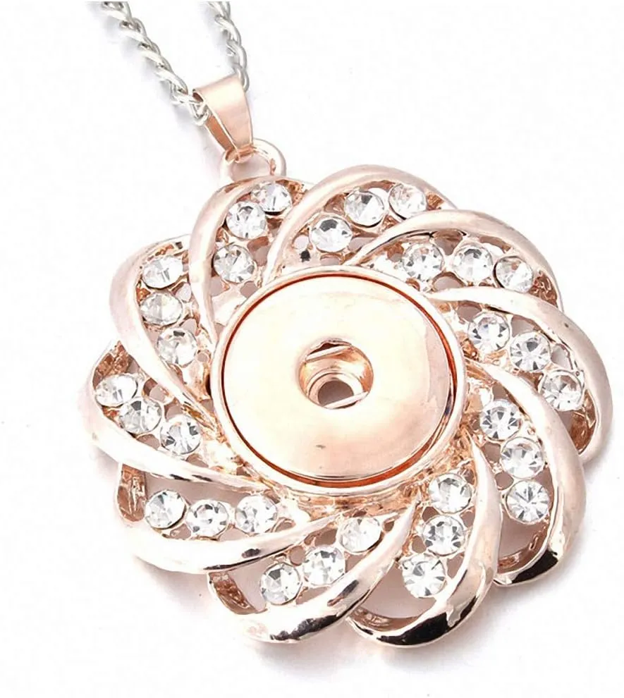 Tebapi Women Plated Rose Gold Flower Crystal Rhinestone Pendant Snap Button Necklace Personality Minority DIY Sweater Chain Dress Reunion Party Jewelry Collocation Simple Versatile Romantic Aesthetic
