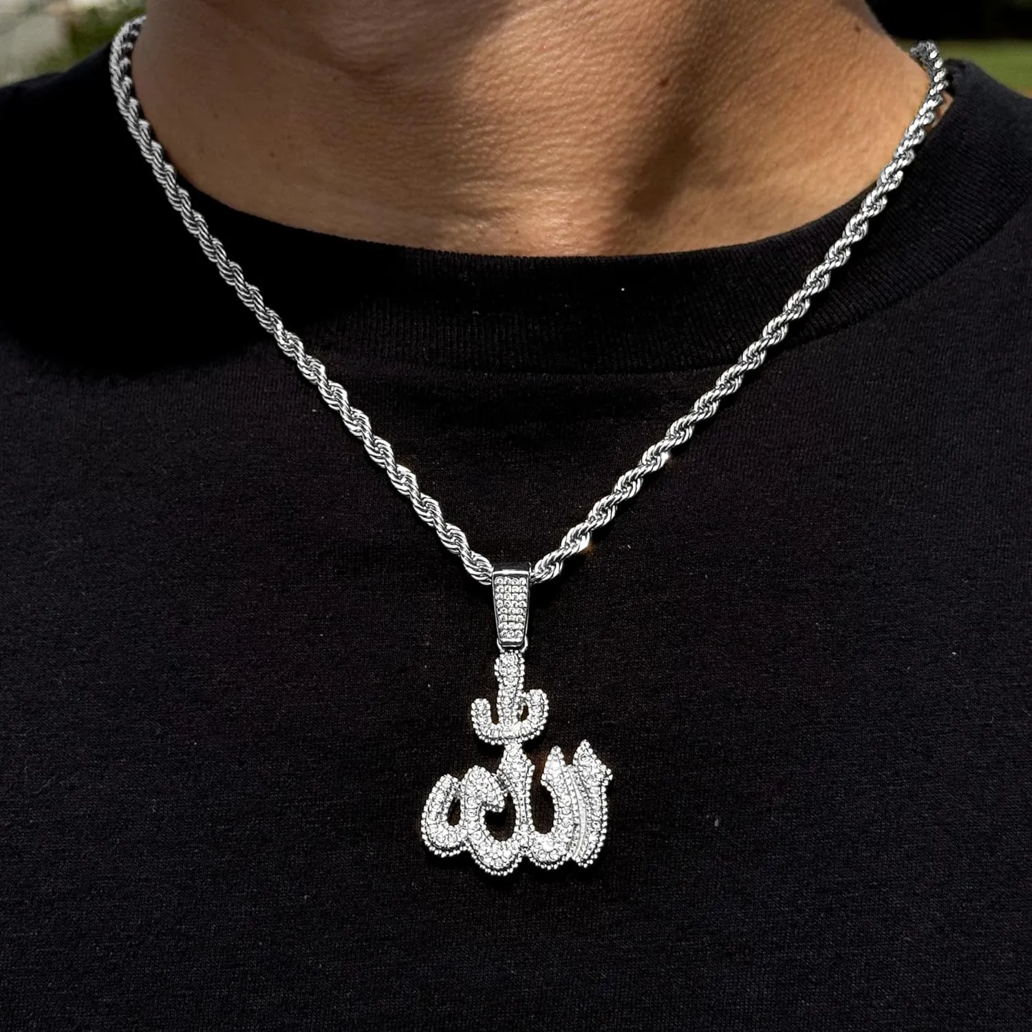 Techno Pave Men's Medium Islamic Iced Out Pendant Necklace with 4mm Rope Chain