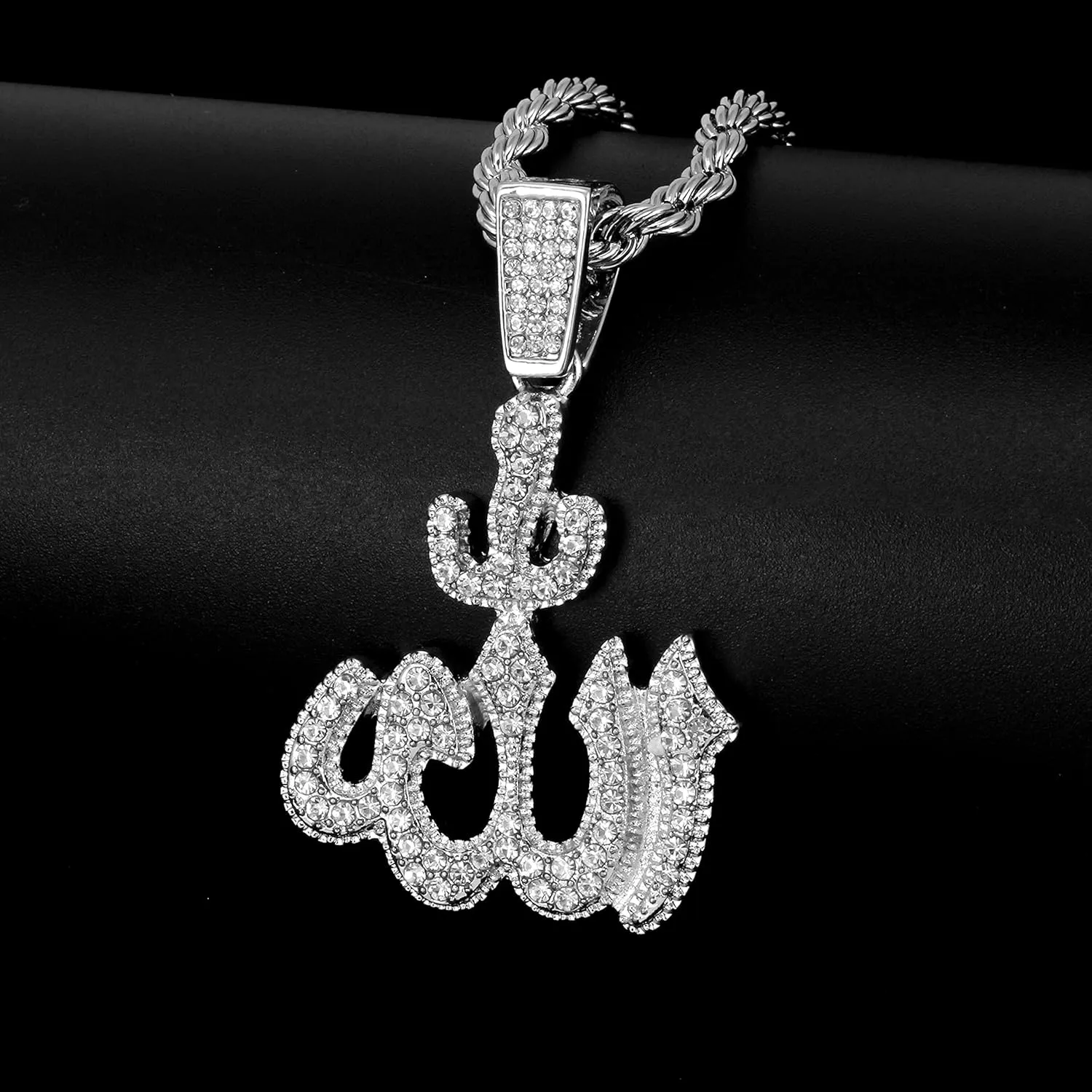 Techno Pave Men's Medium Islamic Iced Out Pendant Necklace with 4mm Rope Chain