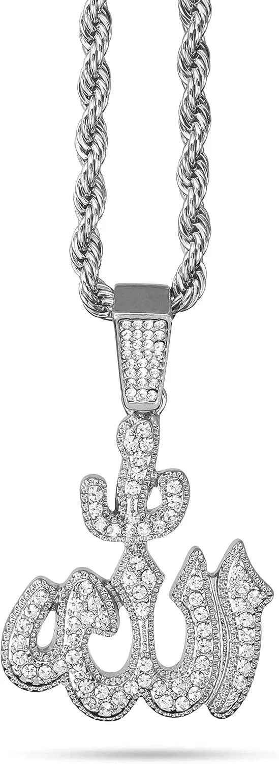 Techno Pave Men's Medium Islamic Iced Out Pendant Necklace with 4mm Rope Chain