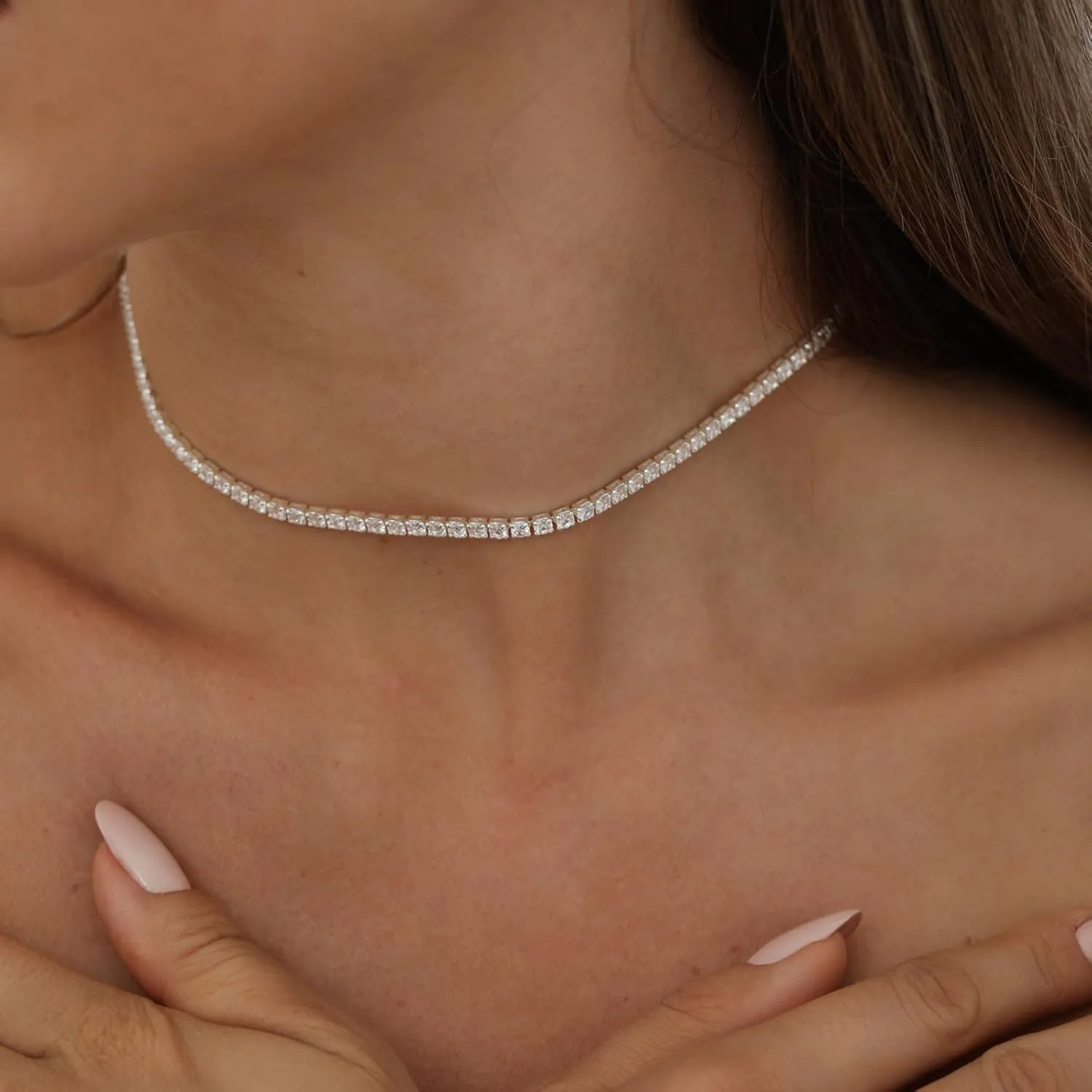Tennis Necklace 14K Gold/Silver Plated3mm Width Sparking Rhinestone Chain Necklace Delicate Tennis Choker Necklace for Women Dainty Classic Cubic Zirconia Bridal Wedding Jewelry for Women