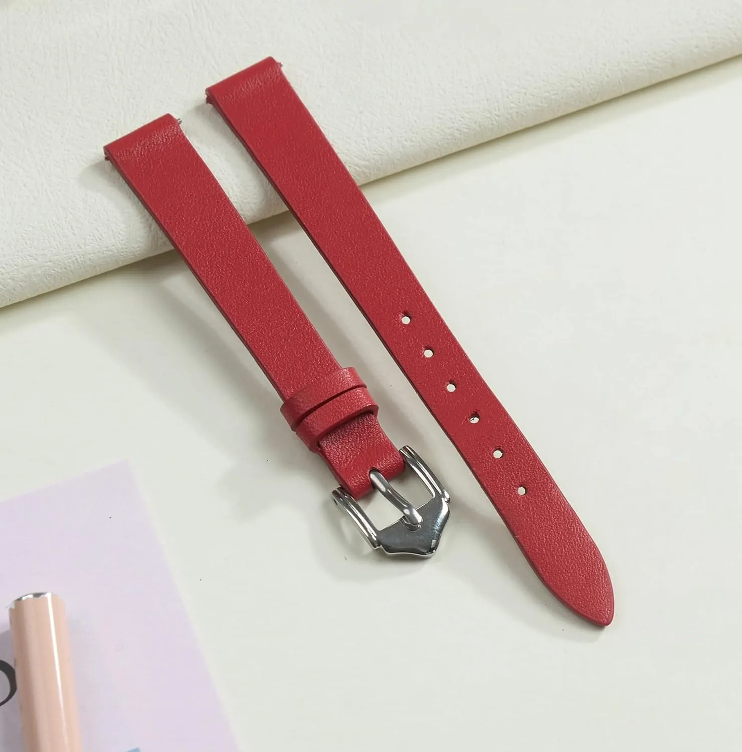 Thin Leather Watch Bands for Womens Ladies Classical Flat Watch Strap Elegant Wristwatch Band Handmade Replacement Band Soft Valentine's Gift for Her Wife Mother 10mm 12mm 14mm