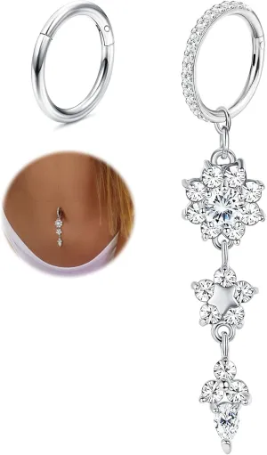 THUNARAZ 2Pcs Belly Button Rings for Women Surgical Stainless Steel Clicker Belly Rings Hoop CZ Heart Butterfly Dangle Navel Rings Belly Piercing Jewelry Silver Tone 14G