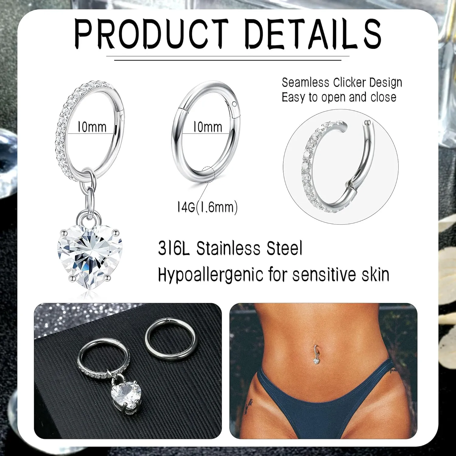 THUNARAZ 2Pcs Belly Button Rings for Women Surgical Stainless Steel Clicker Belly Rings Hoop CZ Heart Butterfly Dangle Navel Rings Belly Piercing Jewelry Silver Tone 14G