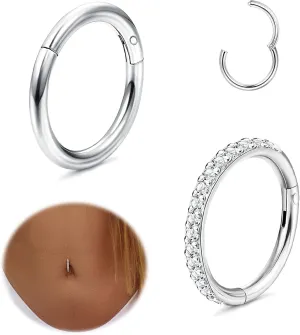 THUNARAZ 2Pcs Belly Button Rings for Women Surgical Stainless Steel Clicker Belly Rings Hoop CZ Heart Butterfly Dangle Navel Rings Belly Piercing Jewelry Silver Tone 14G
