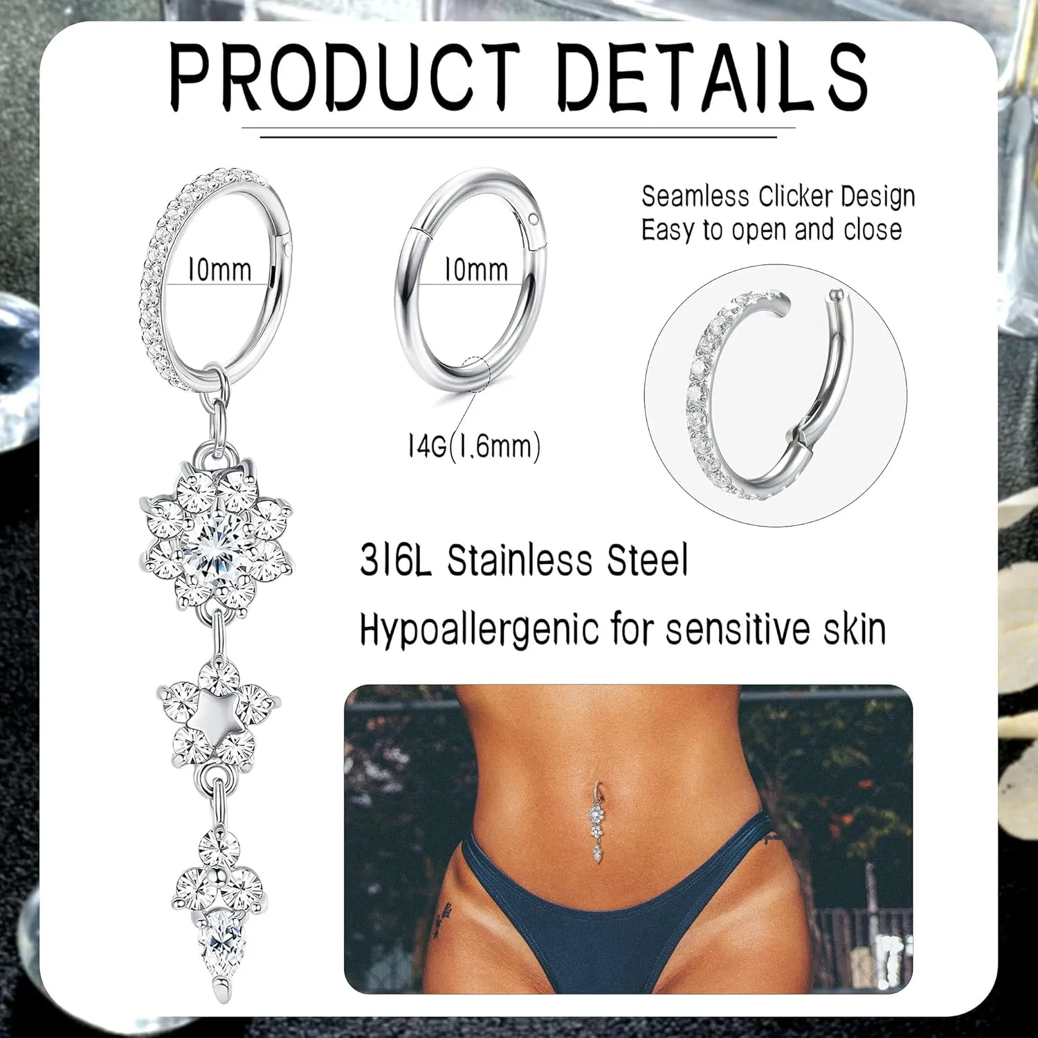 THUNARAZ 2Pcs Belly Button Rings for Women Surgical Stainless Steel Clicker Belly Rings Hoop CZ Heart Butterfly Dangle Navel Rings Belly Piercing Jewelry Silver Tone 14G